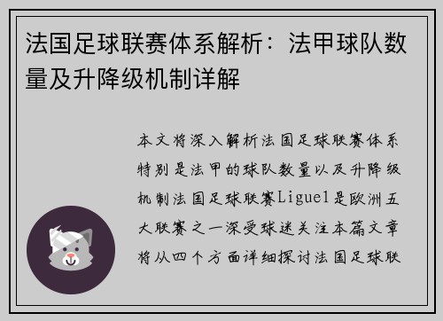 法国足球联赛体系解析：法甲球队数量及升降级机制详解