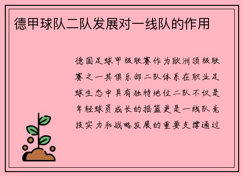 德甲球队二队发展对一线队的作用
