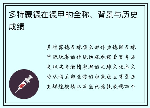 多特蒙德在德甲的全称、背景与历史成绩